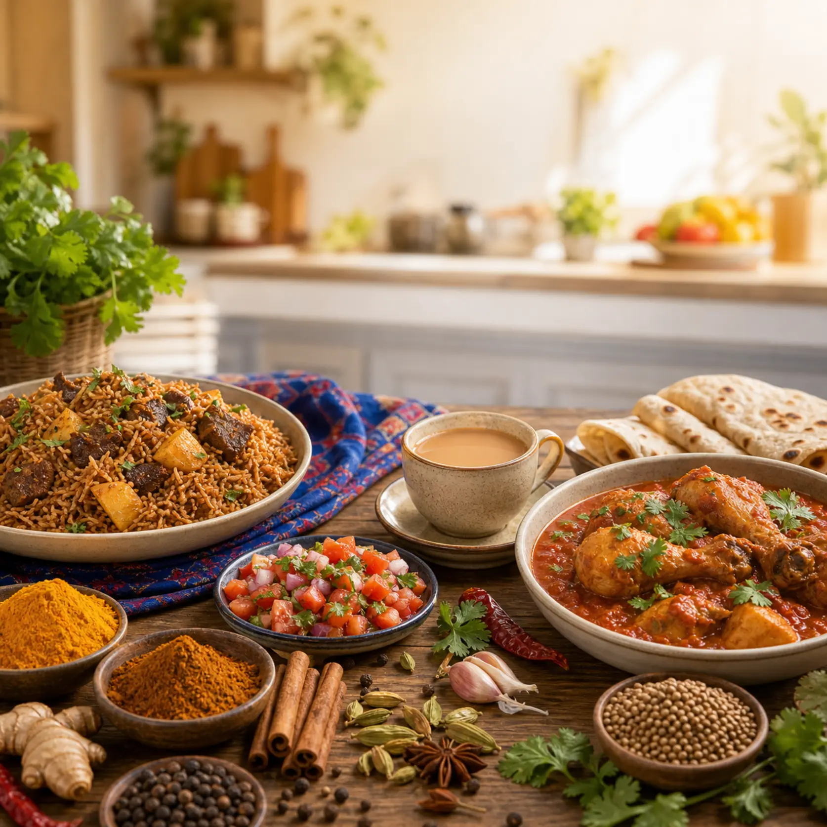 Kenyan meals and spices arranged on a warm kitchen counter