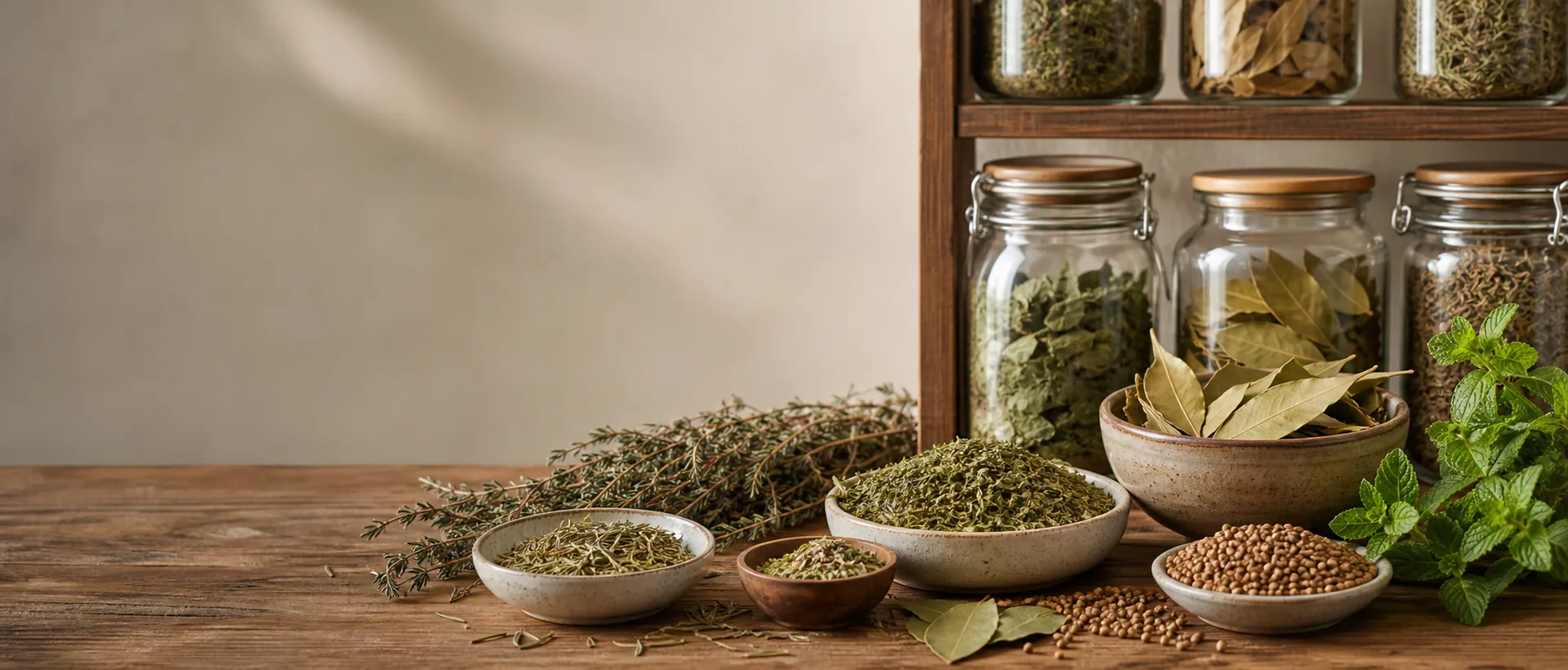 Dried herbs stored in bowls and unlabeled jars on a pantry shelf