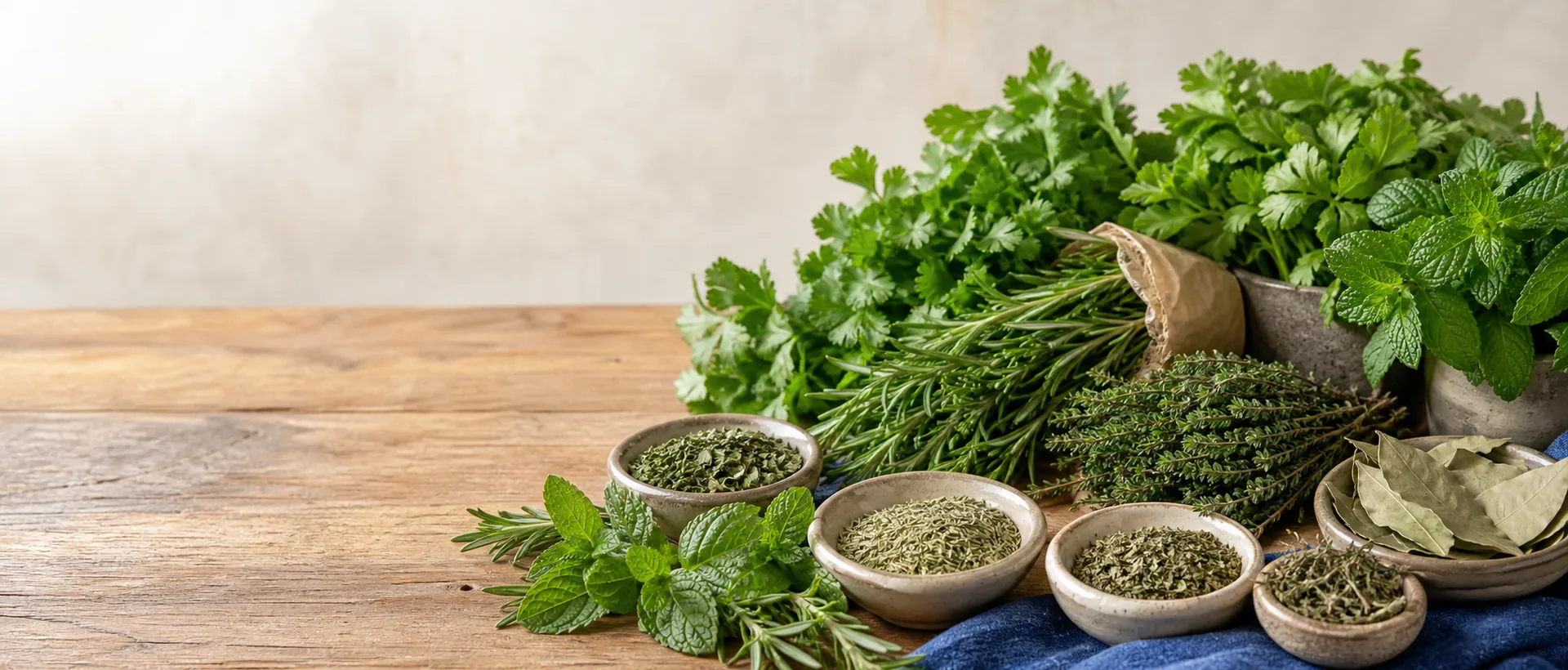 Fresh and dried herbs arranged on a market counter