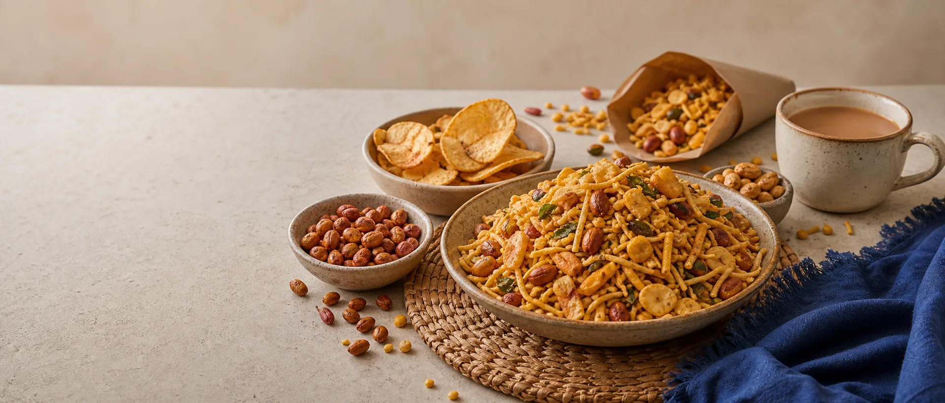 Savory Kenyan snack bowls arranged on a casual table with tea