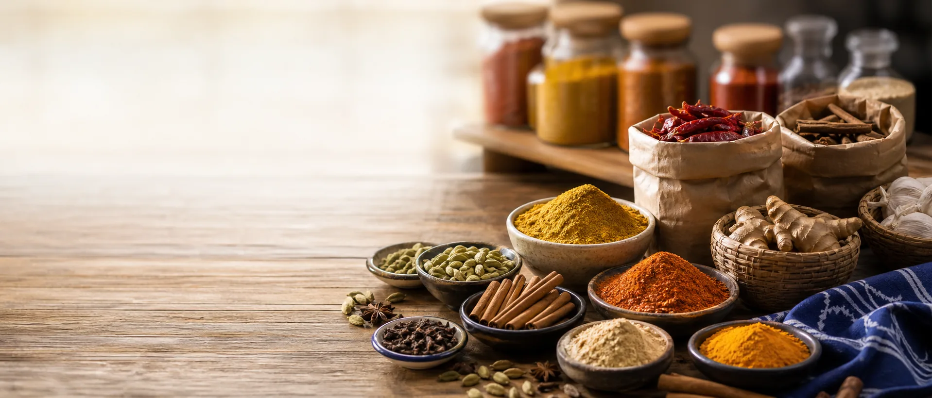 Spices arranged on a wooden counter with whole spices and spice powders