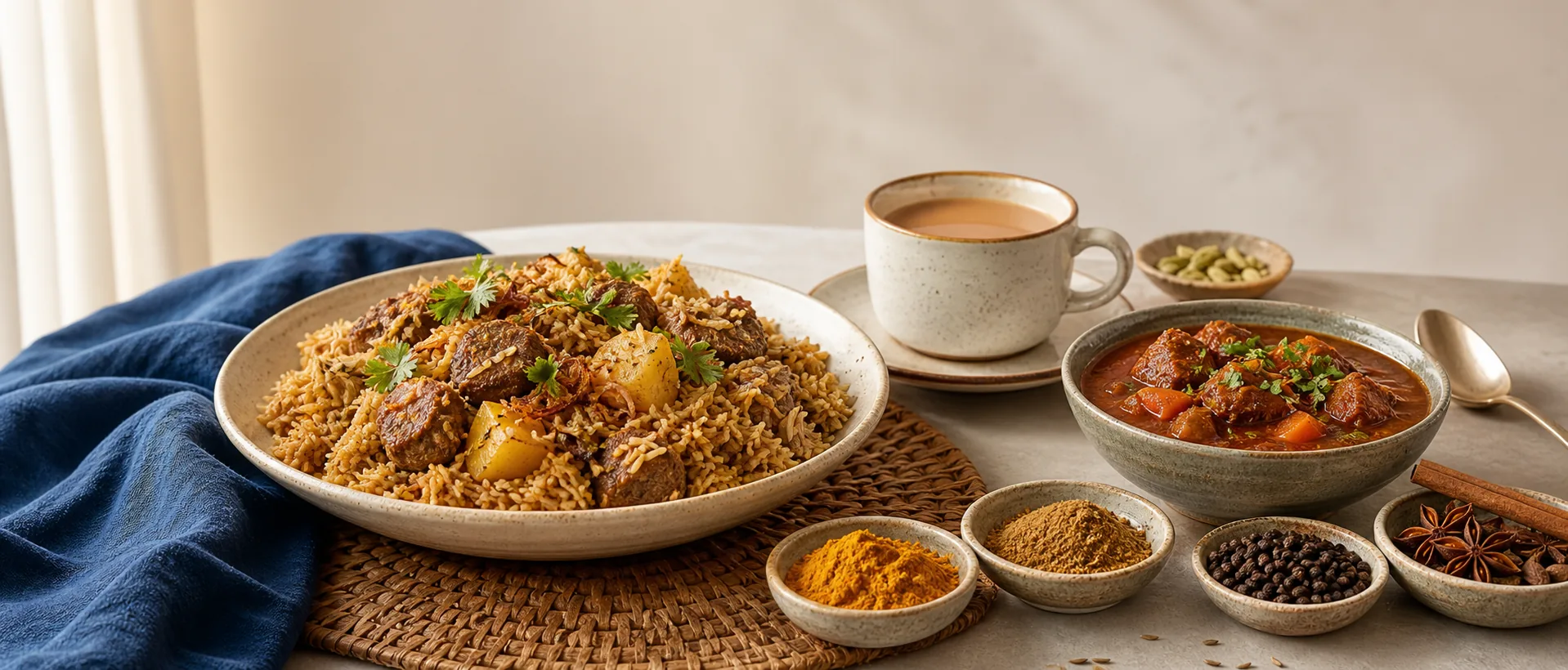 Pilau rice, chai, stew, and spice bowls on a table